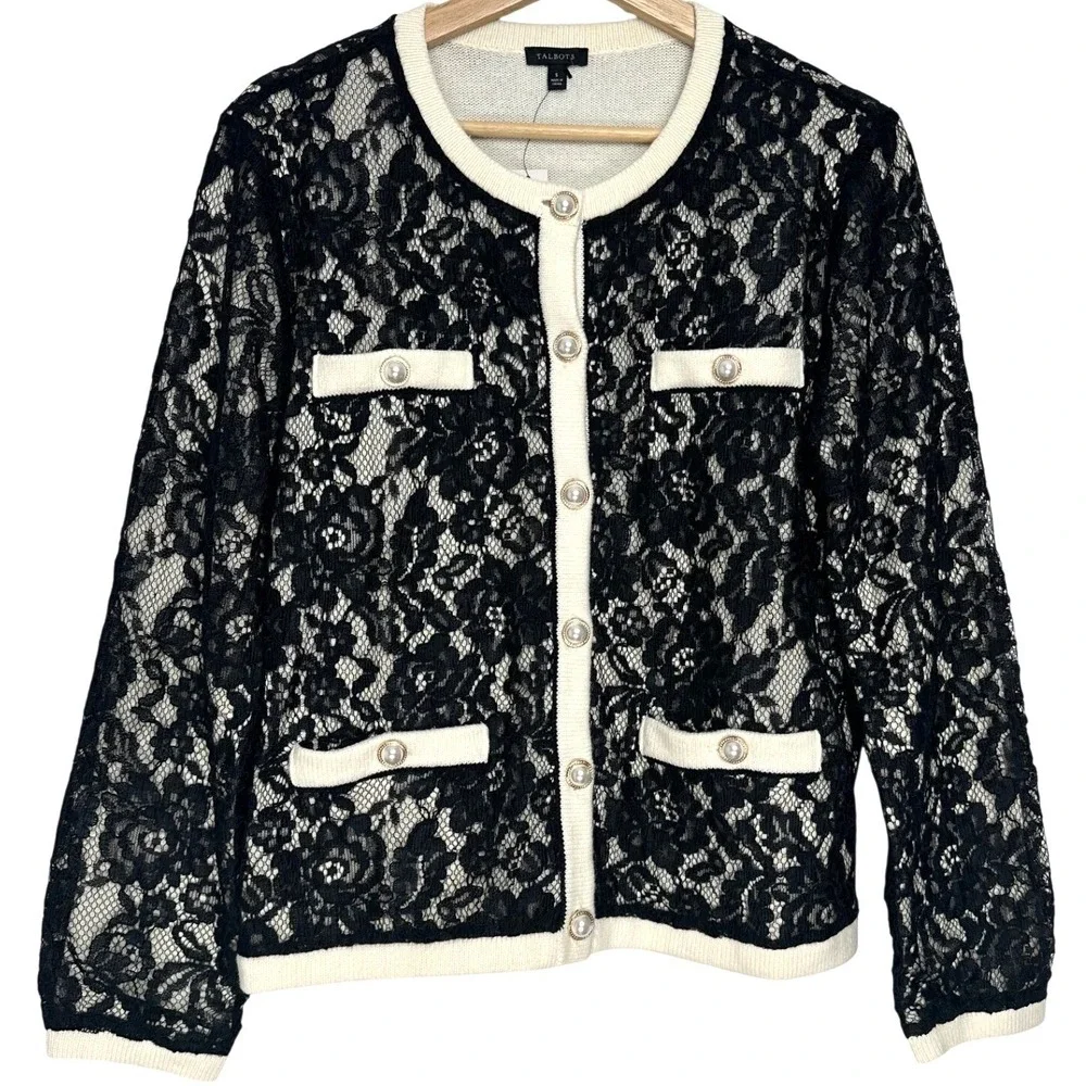 NWT Talbots Floral Lace Cardigan Ivory Black S - Picture 2 of 11